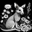 Placeholder: colorless wallaroo between seeds and big flowers black background .black and white colors. for a coloring. with grayscale