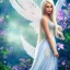 Placeholder: Fantasy fairy with transparent wings, smiling, make up, long platinum blond hair with crown and flowers, blue dress, flower background