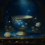 Placeholder: Digital Image. Dark blue tea cup, gold filigree painting, intricate, rococo style. The background is a mysterious evening garden with (many) (small) (small) (white) roses. (Sparks: 1,2), (swirling mist: 1,2), (glow: 1,2). Exquisite rocaille and fantasy surrealism. Fragonard-inspired shapes and lines. Decorative excesses. Van Gogh, Sabbas Aptheros, Alfonso Mucha, Carole Buck, Andrew Jones, Stephane Martignet. High detail. High quality. HDR