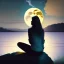 Placeholder: Afraid woman sitting on a rock on the moonlight