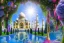 Placeholder: cascade,a magical crystal blue gold taj mahal,flower parc bougainvillier, blue lake,sun,white swanns,pink vertical, blue lake,sharp, vines, candlelit, endor, ornate, elegant, highly detailed, artstation, concept art, smooth, sharp focus, illustration, 8k, splash art, wallpaper, key visual