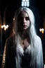 Placeholder: portrait of a beautiful young sexy goth girl, long messy white hair, dressed in lace robes with exposed shoulders, standing in a torch lit crypt, pale smooth skin, white eyes, piercing, unholy necklace, realistic, cinematic lighting, highly detailed face, very high resolution, looking at the camera, centered