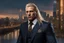 Placeholder: photorealistic portait of henry cavell as mercenary with long blonde hair undercut tribal tattoos wearing smart suit cityscape