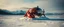 Placeholder: airbrush 3d rendering, close up chrome cd lobster space ship on small frozen island in lake, pinhole cam, background motion blur