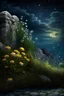 Placeholder: A close-up image of a rough stone wall with overgrown grasses, weeds, and vibrant flowers, featuring whimsical and surreal art, dark fantasy themes, dramatic lighting effects, intricate details, dreamy landscapes, gothic aesthetics, an ethereal atmosphere, and magical scenes with a moonlit sky with stars and constellations, a faint glow emanating from the cracks in the wall, and fireflies dancing around the glowing cracks.