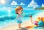 Placeholder: 3d digital art of chibi young girl and boy enjoying sunshine on the beach, blue sky, happyness, nice azure sea, vibrant warm colors., detailed, cinematic