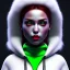 Placeholder: Pretty italian woman, rounded face, bubble gum, white, green, red, hoodie, feathers, retro, latex, leather, soft color, highly detailed, art stations, concept art, smooth, unreal engine 5, god rays, ray tracing, RTX, lumen lighting, ultra detail, volumetric lighting, 3d, finely drawn, high definition, high resolution, neon background.