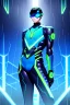 Placeholder: cyberpunk, neon blue, high technology, geometric figures, orbiting figures, cyberpunk suit, black and blue, epic, rain, neon blue suit, geometric figures orbiting around suit, exosuit, male