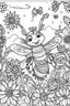 Placeholder: HAPPY NEW YEAR coloring page for kids, A cute bee buzzing around a garden filled with New Year flowers , cartoon style, thick outline, low details, no shading, no color