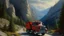 Placeholder: Realistic oil painting of a silver and red truck driving through towering mountains, by Thomas Moran, vibrant colors, intricate details, long shot perspective, realistic lighting and shadows.