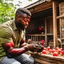 Placeholder: black man feeding free range chicken in a coop real hd image