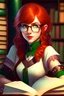 Placeholder: young elf woman, short shoulder length bright red hair, green eyes, freckles, shy, timid, nerdy, bookish, cute, natural beautiful, glasses, choker, skirt, spell caster, posing, resting over a desk, magic, library background, full body