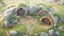 Placeholder: hobbit hole exterior view from outside above 3D low poly cartoon render style with soft pastel colors