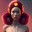 Placeholder: woman, rounded face, red, round helmet, decorative color feathers, retro futuristic, latex coat, soft color, highly detailed, art stations, concept art, smooth, unreal engine 5, god rays, ray tracing, RTX, lumen lighting, ultra detail, volumetric lighting, 3d, finely drawn, high definition, high resolution.