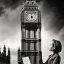 Placeholder: A young woman drawing a fantastic portrait of the Big Ben in London