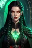 Placeholder: Young beautiful female Hexblood warlock character. Lightly tanned skin. Long straight jet-black hair to the waist. Half-up hairstyle with two loose Dutch braids on each side. Bright glowing pale emerald-red eyes. Delicate face. High cheekbones. Full lips. Soft smile. Slightly pointed ears. Faint dark vine-like markings on neck and collarbone. Black cloak. Realistic dark fantasy. Highly detailed. Cinematic lighting.