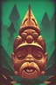 Placeholder: A gnome tiki. digital glitch art, mayan style. detailed gnome sheltering under a mushroom, art deco border, cosmic background with mountains in a mushroom forest getting beamed up from a spaceship. a campfire in the middle of the haunted death cult horror forest. art nouveau