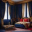 Placeholder: Living room in midnight blue, red and gold. A wide old bed and a large window with curtains