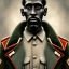 Placeholder: A colored image shoulder to head portrait of a 1930s thin black man in a ruined and torn WWI uniform. He has extremely long hair, a shaggy unshaven beard, and one eye missing. He has scars all over him. He has a huge frown and is staring at the screen