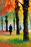 Placeholder: Trees, forest, autumn, grass, distant people, flowers, gothic horror films influence, mistery, charles leickert, and konstantin korovin inpressionisn paintings
