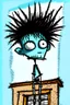 Placeholder: 2d drawing of a stickman, cool with punk hair, x eyes like in hangman, driving a porch, 3d realistic in colour