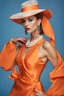 Placeholder: full body beautiful girl, elegant orange,lace clothes of the 80s, luxury style, small elegant hat with feather, hair of the 80s, pearl necklace, earrings masterful, beautiful face,blue backdrop