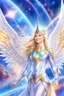 Placeholder: cosmic woman angels smile,admiral high commander from the future, one fine whole face, crystalline skin, expressive blue eyes,rainbow, smiling lips, very nice smile, costume rainbow pleiadian, Beautiful tall woman pleiadian Galactic commander, ship, perfect datailed golden galactic suit, high rank, long blond hair, hand whit five perfect detailed finger, amazing big blue eyes, smilling mouth, high drfinition lips, cosmic happiness, bright colors rainbow, blue, pink, gold, jewels, realist,8k