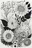 Placeholder: A hand-drawn black-and-white illustration featuring whimsical, abstract floral motifs created with a fine marker pen. The design includes a variety of circular and rectangular flower shapes with intricate patterns inside, such as dots, lines, and small geometric elements. Thin, flowing stems connect the flowers, adorned with simple, minimalist leaves. The composition has a playful and modern folk-art feel, with uneven, organic lines that give it a hand-crafted and imperfect charm. The black mark