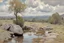 Placeholder: Clouds, Rocks, dry trees, branches, little puddles, theodore robinson impressionisn painting