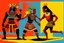 Placeholder: two arafed persons arguing in ritual combat stance, afrofuturism, arafed angularity, aztec vibe, patchwork vibe, side view, aztec room with extreme body action, sharp color contrasts, amazing shadows, exaggerated limbs and heads, minimal cozy, warm palette, bright bold warm summer colors, ritual scene, futuristic tribal style, Aztec influence, sculptural helmets, spiked headdress, geometric borders, patterned red rug over dark wooden floor, tribal ceramic vases with potted plants