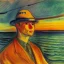 Placeholder: Portrait of crane bird fishing , sunset, by edvard munch 8k