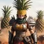 Placeholder: the pineapple queen smiles, ready to fight, in dust, rust and blood, her body is covered with cartridge belts