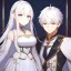 Placeholder: Twins, boy and girl, white hair, silver eyes, royal hall background