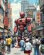 Placeholder: Junk city, many people buying a robot, street view, in the style of Katsuhiro Otomo,