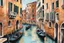 Placeholder: Pastel paint picture city of Venice, Italy, with waterways and unique architectural palaces. Gondolas, the iconic Venetian flat-bottomed rowing boats, can be seen navigating through the narrow canals. The city's charming traditional architecture, ornate buildings and majestic bridges, stunning, beautifull picture in vintage style, pastel painting with grey ink