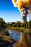 Placeholder: a nuke power plant with a lot of smoke in the sky by the river and show many dead fish and some animals are dead j