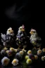Placeholder: Cute Easter chickens, full figure, soft pastel, very small, many delicate flowers, sharp focus, dark background