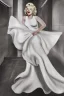 Placeholder: Painting, photorealistic, Marilyn Monroe, front view medium shot ankle-length white dress, white high-heeled shoes standing over a subway grating, dress billowing up, face slightly turned to the right arms holding the dress down, style of The Seven Year Itch