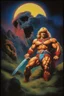 Placeholder: in the dead of night the bright moon shines down on a giant, extremely colorful He-Man facial portrait, acrylic on canvas, Movie poster, in the art style of Boris Vallejo,