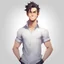 Placeholder: 1male, young, assistant, cheerful, facing the camera, center in portrait, arms to the side, standing straight, white background, trending in artstation, anime