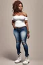 Placeholder: Create a watercolor image of a curvy black female wearing tight cut up jeans and a off the shoulder white tshirt with timberland boots. Prominent make up with hazel eyes. Highly detail dread locs