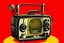 Placeholder: cartoon-looking black and red vintage radio with an antenna sticking out from the top of it. A soft yellow dominates the entire background of the photo.