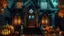 Placeholder: cyberpunk gothic church on halloween with pumpkins on its porch