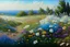 Placeholder: Oil painting of a landscape, wit several kinds of wildflowers blossoming, realistic colors, ultra high details