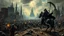 Placeholder: A chaotic cyberpunk interpretation of Bruegel's "The Triumph of Death", capturing the metaphorical harvest of humanity. A vast, dystopian metropolis under a toxic smog sky, where cybernetic grim reapers are executing a digital and physical harvest. Many of humans and transhuman citizens killed are overwhelmed by an army of cyber skeletal warrior androids, fight with humans, panicking people, bodies lying on the ground. In the foreground a cyber-death warrior in black hood on mecha-horse