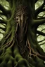 Placeholder: lord of the ring, treant, detailed bark, detailed branch, green dark leaves, photography