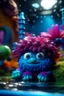 Placeholder: portrait cute fluffy toy wolly illithid in a water slide holding weird flowers in his trunk in the style of pixar, on a strange planet with weird colors and wind turbines, bokeh like f/0.8, tilt-shift lens 8k, high detail, smooth render, down-light, unreal engine, prize winning