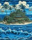 Placeholder: A blue island resort designed in Hawaiian tikis painted by Katsushika Hokusai