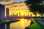 Placeholder: sunset, buildings, lake, rocks, city, park, trees, cyberpunk, sci-fi, claude monet impressionism paintings