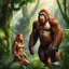 Placeholder: Two characters in the heart of the rainforest: the majestic female orangutang Queen, half woman, half monkey. Her fiery auburn hair and her diadem shimmered in the light while her wise amber eyes met her muscular bodyguard gaze with a mixture of curiosity and wisdom. The Queen exuded an aura of grace and command.
